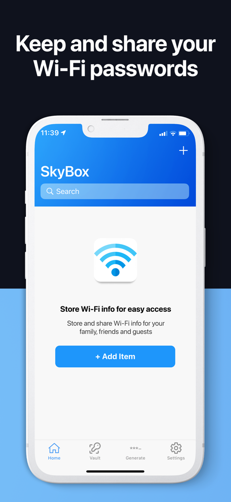 Password Manager App - SkyBox - Captura de pantalla de iPhone de la aplicación SkyBox con una pantalla de almacenamiento y uso compartido de contraseñas Wi-Fi seguras