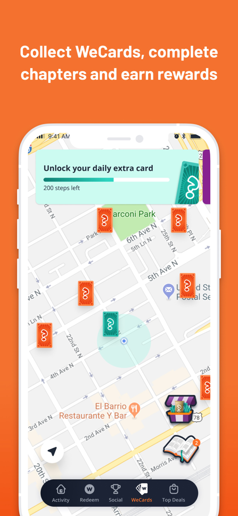 WeWard - Walking Rewards App - Una interfaz de mapa en la aplicación WeWard que muestra tarjetas coleccionables y el progreso hacia una recompensa diaria.
