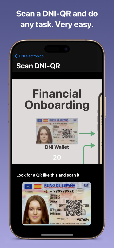 Smartphone screen showing DNI Wallet plus app scanning a QR code on a Spanish ID card for financial onboarding.