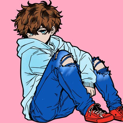 a male hoddie ripped jeans messy hair anime