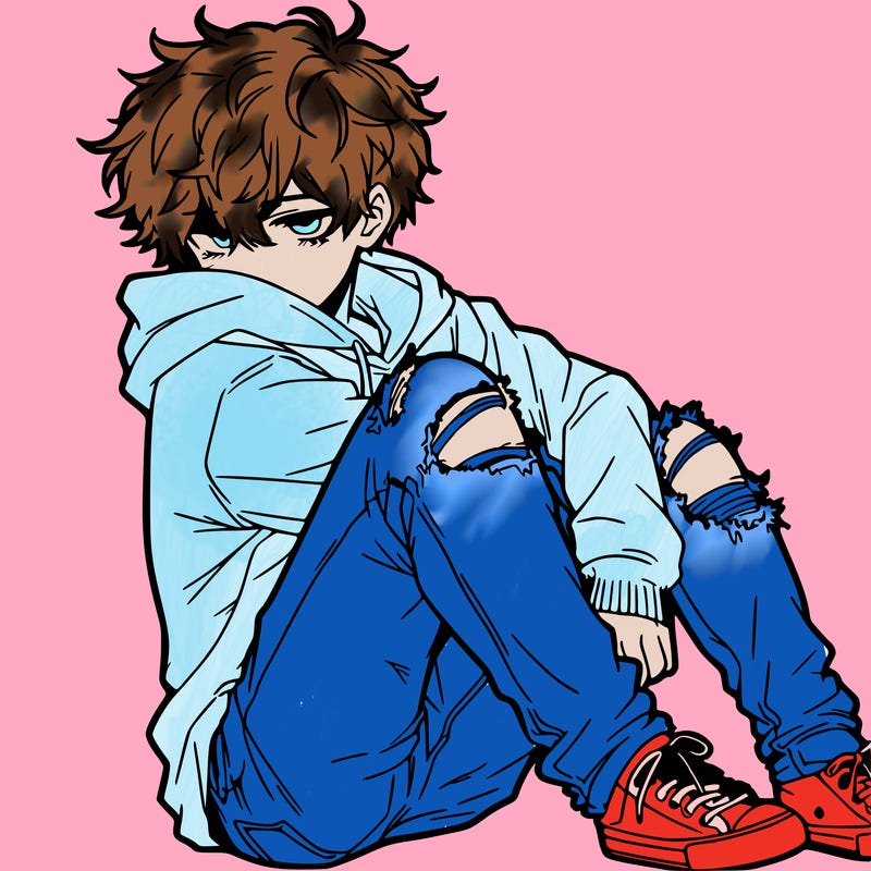 a male hoddie ripped jeans messy hair anime