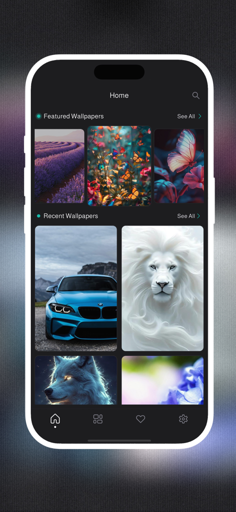 Home screen of Walli app showing featured and recent 4K wallpapers of animals and cars.