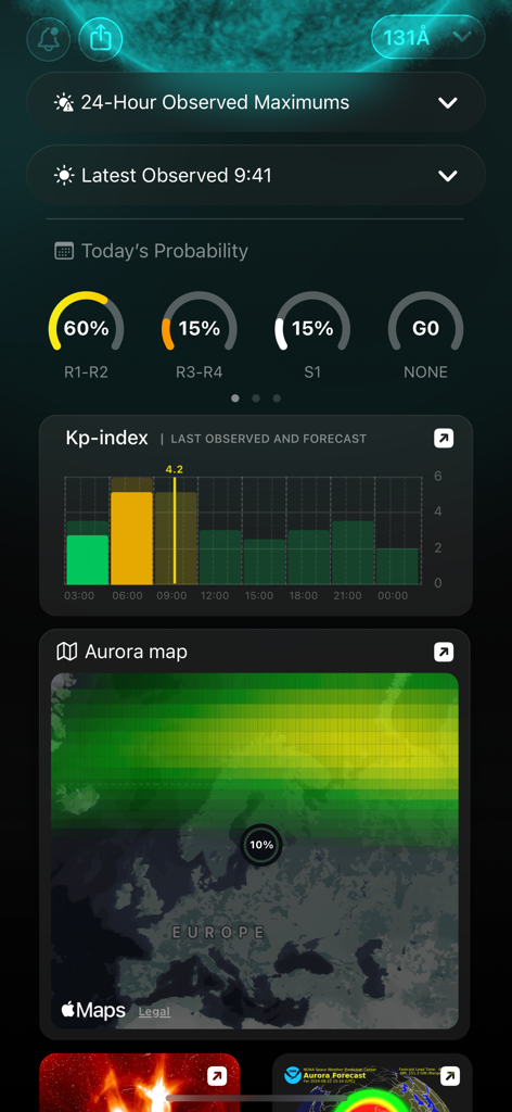 Mobile dashboard showing solar activity probability, Kp-index chart, and a live aurora forecast map.