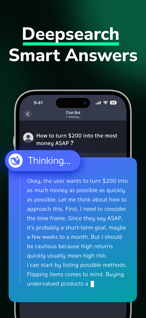 Interfaz de la aplicación de chatbot IA DeepSearch que muestra un proceso de generación de respuestas inteligentes en la pantalla de un móvil.