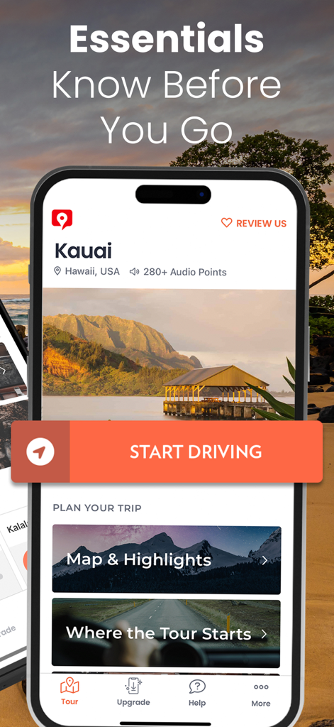 Kauai GyPSy Guide Driving Tour - Kauai GyPSy Guide app interface showing tour highlights and start driving button