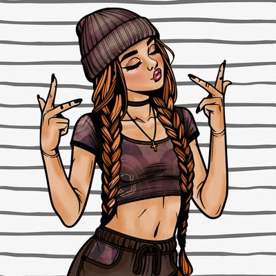 realistic teenage girl with braids and a beanie and crop top doing 🫶🏼