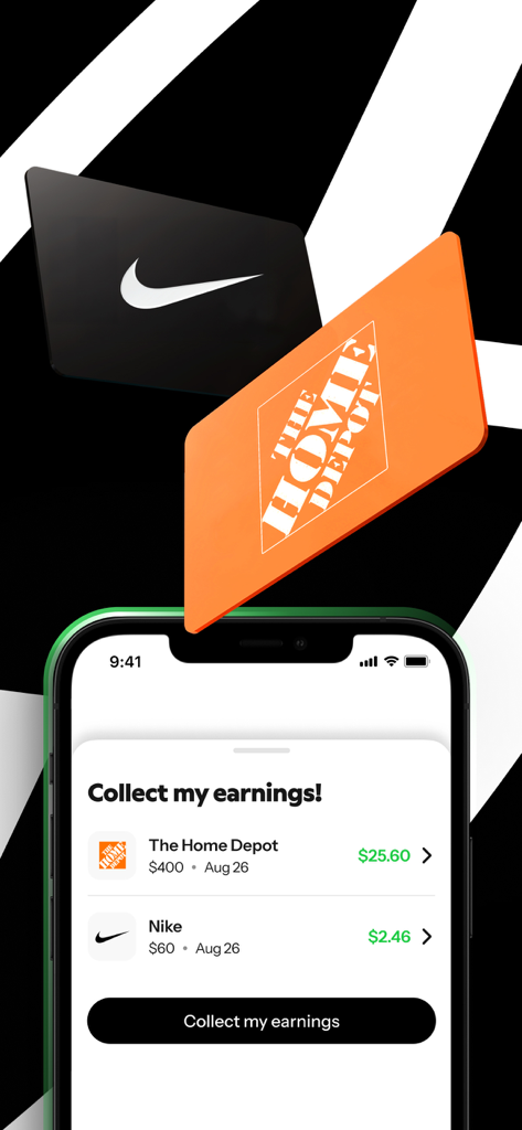 Joko | Cash back & discounts - Joko app screen showing accumulated cashback earnings from Nike and The Home Depot ready to be collected.