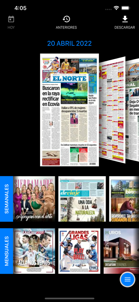 Interfaz de la aplicación EL NORTE mostrando ediciones digitales del periódico y varios suplementos de revistas