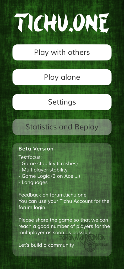 Tichu one - The main menu of the Tichu one card game app showing play options and beta version information