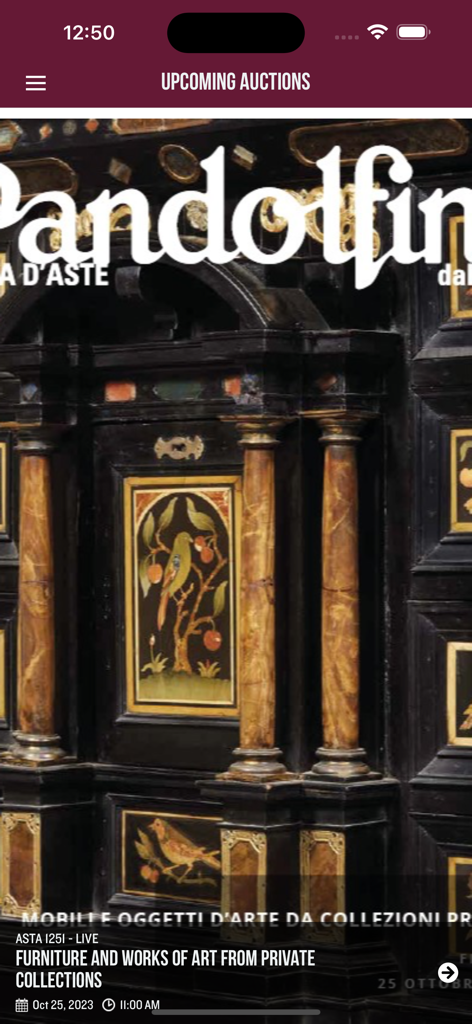 Pandolfini Live - Pandolfini Live app displaying upcoming furniture and art auctions with an antique cabinet image