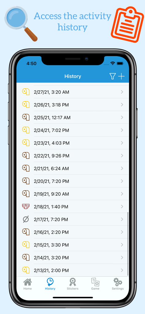 Potty Toilet Training - Ein mobiler App-Bildschirm mit einem chronologischen Verlaufsprotokoll der Töpfchentrainings-Aktivitäten mit Daten und Zeitstempeln.