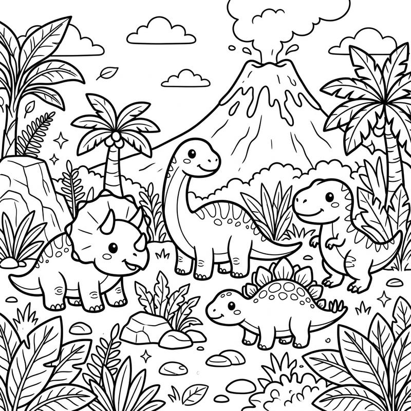 Journey back to the prehistoric era with this charming Kawaii Dinosaurs coloring page, where friendly ancient creatures roam a vibrant landscape. Perfect for adding a splash of color to adorable brachiosaurus, triceratops, T-rex, and stegosaurus.
