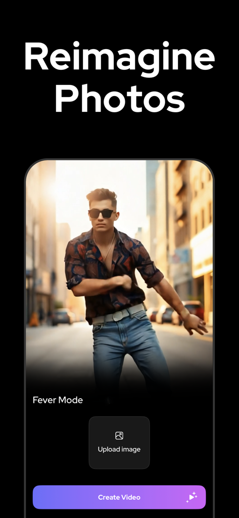 Videl app interface showing the Reimagine Photos feature to turn images into AI videos