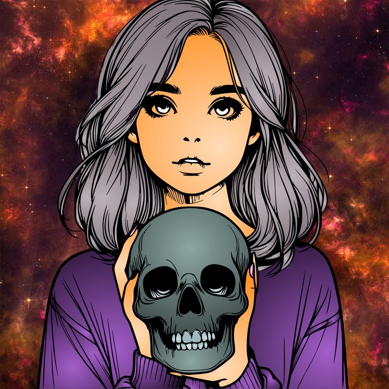 realistic girl holding a skull