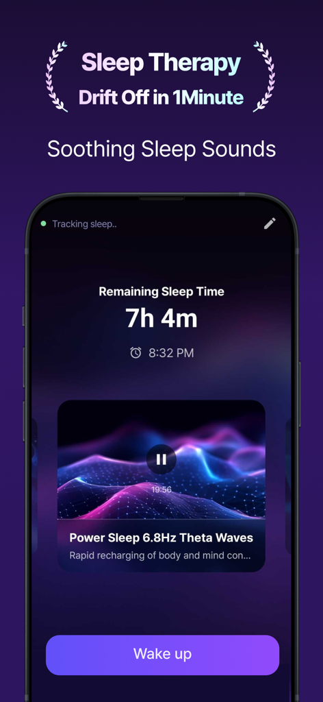 Sleep Routine: Tracker&Alarm - Smartphone-Oberfläche der Sleep Routine App, die Schlaftherapie und Theta-Wellen-Audio anzeigt