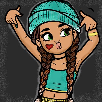 realistic teenage girl with braids and a beanie and crop top doing 🫶🏼
