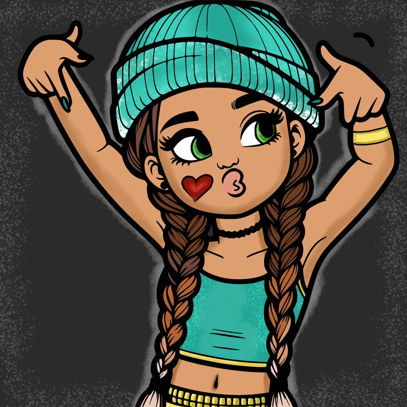 realistic teenage girl with braids and a beanie and crop top doing 🫶🏼