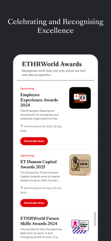 지금 후보 지명 버튼과 함께 다양한 예정된 HR 산업 시상식을 보여주는 ETHRWorld 앱 화면.