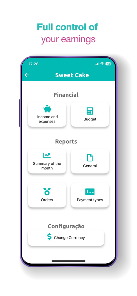 Cake - Schedule - Pantalla de gestión financiera e informes para un negocio de repostería casera.