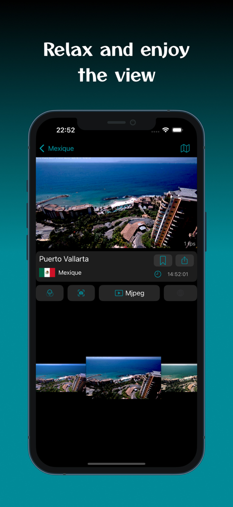 Planet Cam app showing a live webcam feed of Puerto Vallarta Mexico