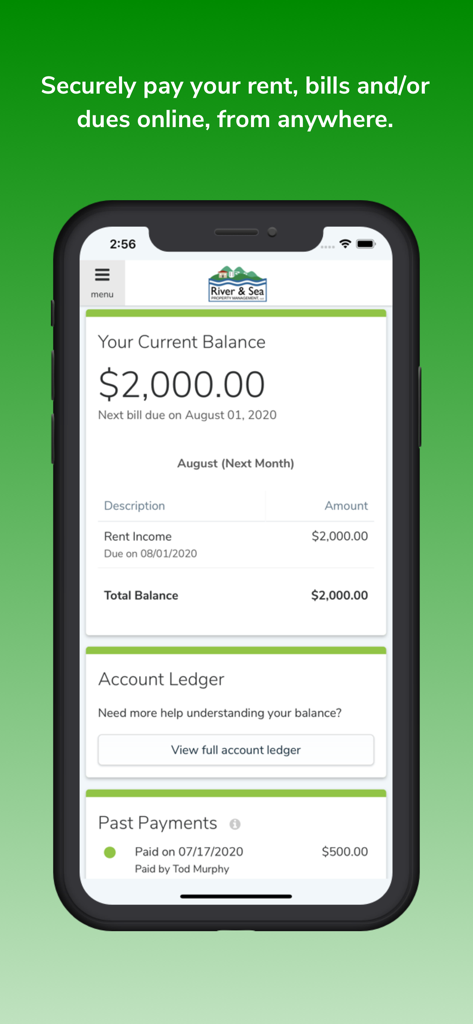 Online Portal by AppFolio - Smartphone display showing the Online Portal by AppFolio rent balance and payment history screen