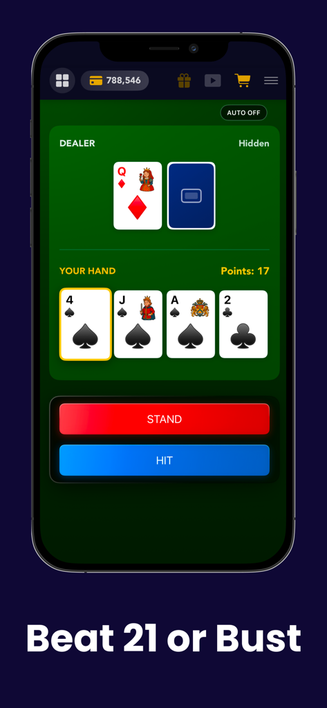 Mobile blackjack game screen showing Hit and Stand buttons