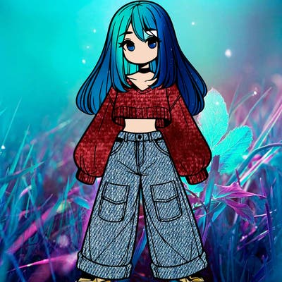 cute girl with straight hair in baggy jeans and a crop top and a sweater