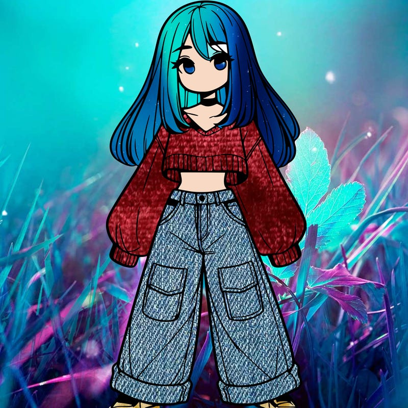 cute girl with straight hair in baggy jeans and a crop top and a sweater