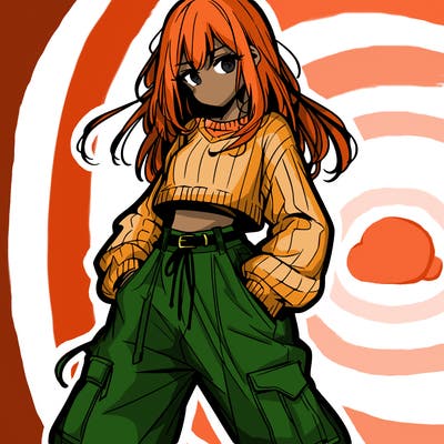 anime teen girl with baggy pants and crop top with sweater