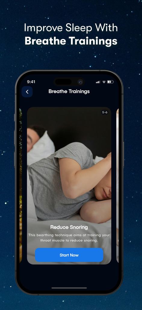 A mobile screen from the Dreamy app showing breathe training exercises to reduce snoring and improve sleep quality