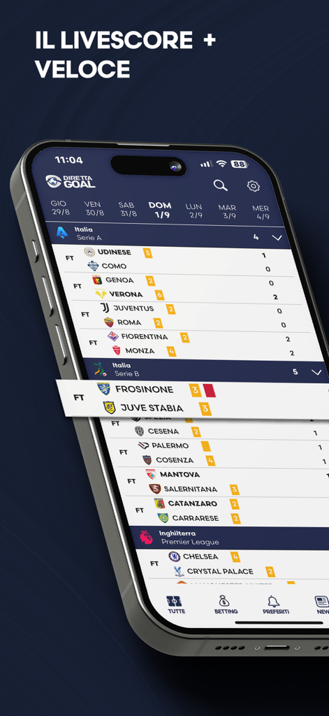 Interfaccia dell'app mobile DirettaGoal che mostra risultati e calendari di calcio live per Serie A e Premier League