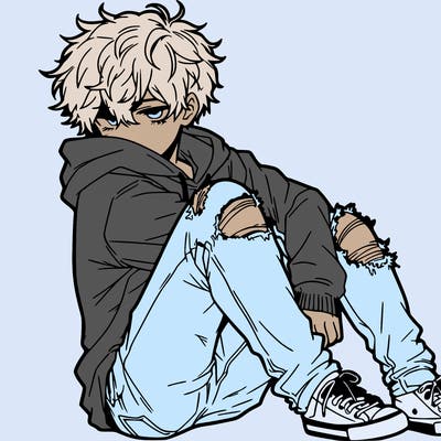 a male hoddie ripped jeans messy hair anime