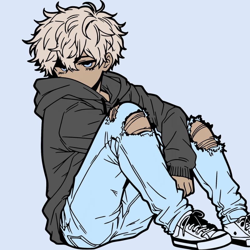 a male hoddie ripped jeans messy hair anime