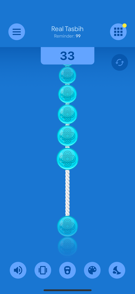 Real Tasbih Counter: Misbaha - Digital prayer beads interface on the Real Tasbih Counter app showing a count of 33