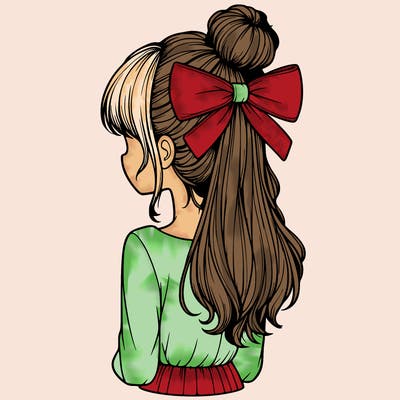 realistic girl  with hip length hair a bun and a big bow on the back of head