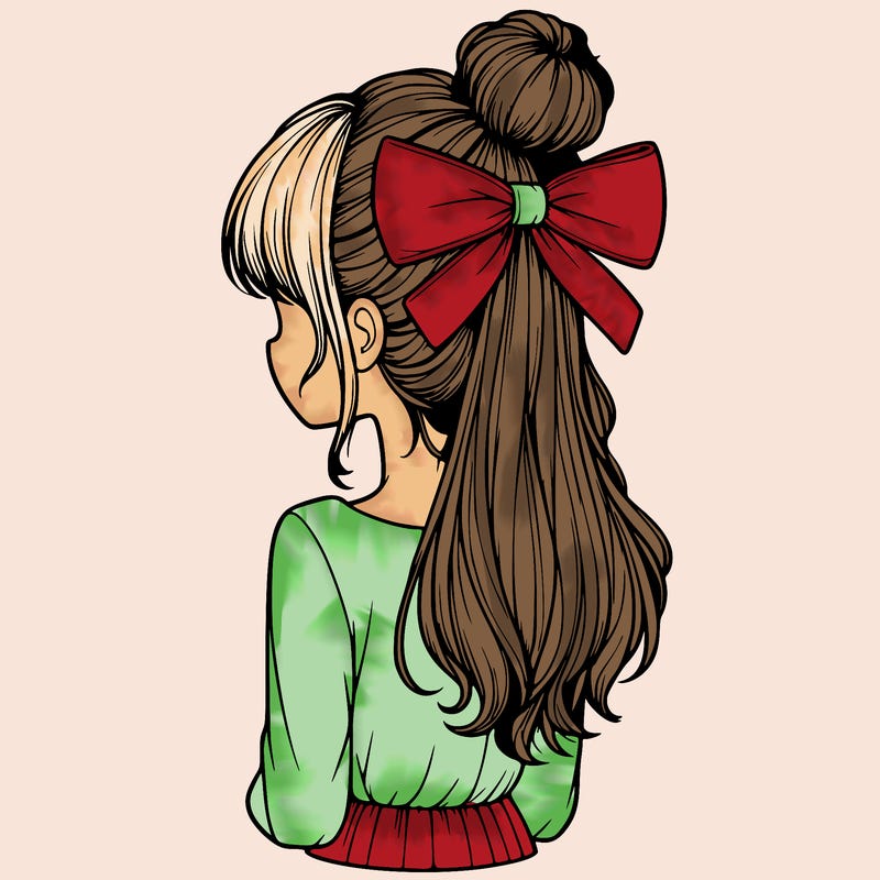 realistic girl  with hip length hair a bun and a big bow on the back of head