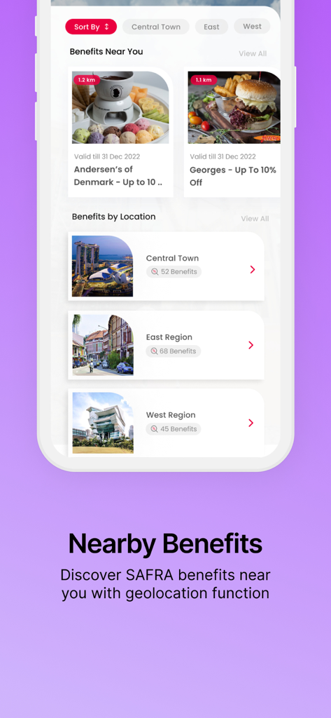 Mobile interface of the SAFRA app showing member benefits and deals based on the user's current location.