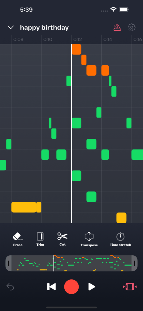 Note Spark - MIDI piano roll editor in the Note Spark app showing song transcription