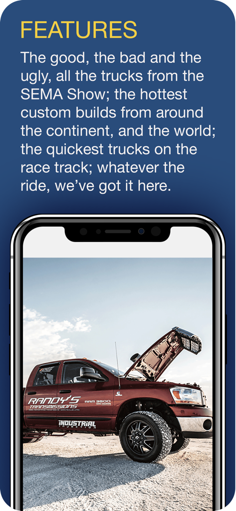 Diesel World - Diesel World app features screen showcasing a custom red RAM 3500 truck with its hood open