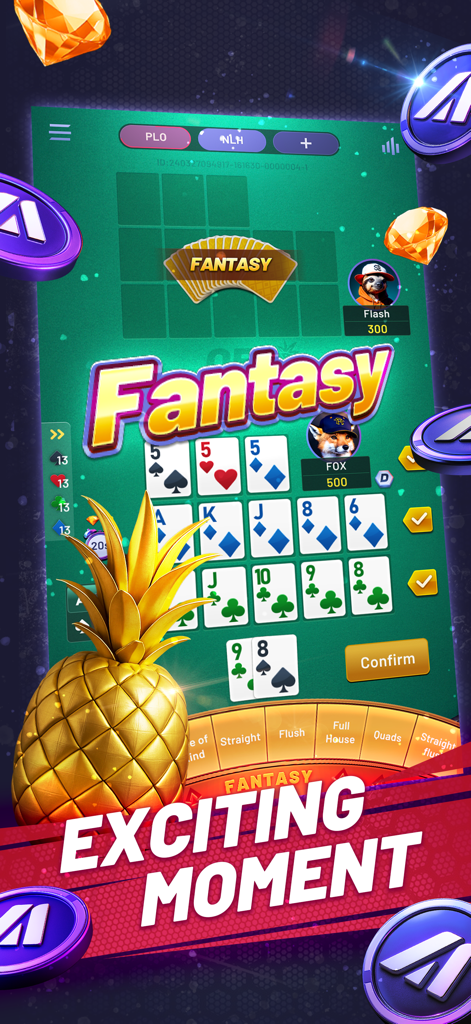 AKPoker Next-Gen Play - AKPoker app screenshot showing Fantasy mode gameplay with cards and a golden pineapple