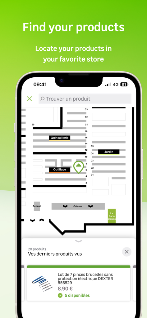 Leroy Merlin mobile app showing an indoor store map to locate products in aisles