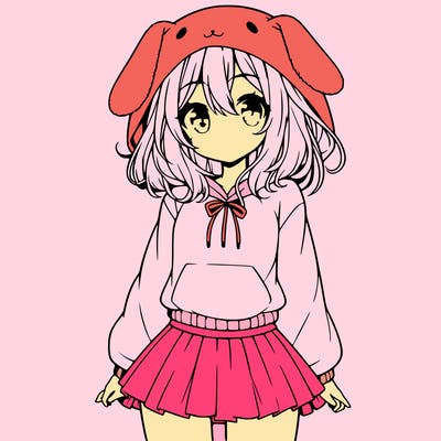 pretty anime girl wearing a fluffy hoodie with bunny ears on the hood and a skirt