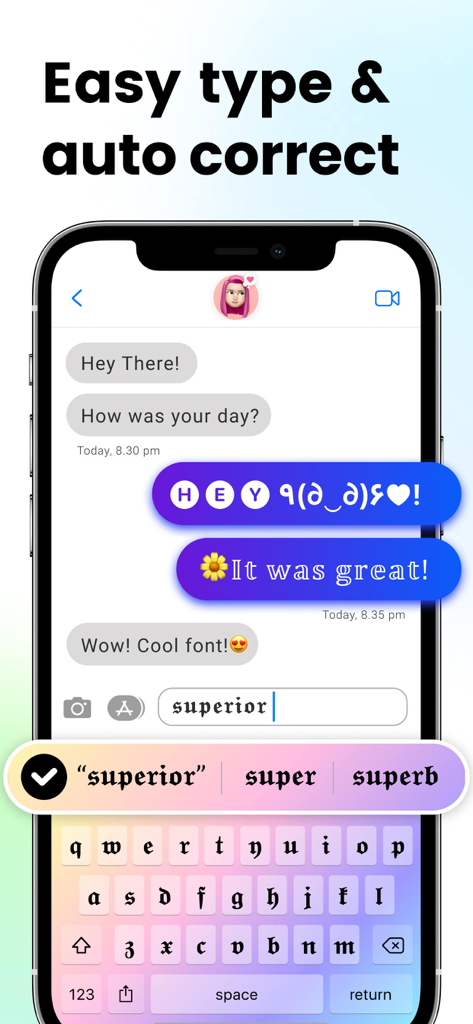 Fonts Keyboard ⋆ - A chat interface showing stylish fonts and an autocorrect bar with different text styles in the Fonts Keyboard app