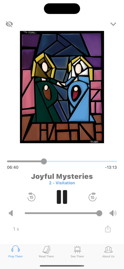 Rosary Army - Audio player interface for the Joyful Mysteries featuring custom artwork of the Visitation.
