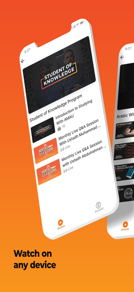 AMAU Academy - AMAU Academy mobile interface showing the Student of Knowledge program with live sessions