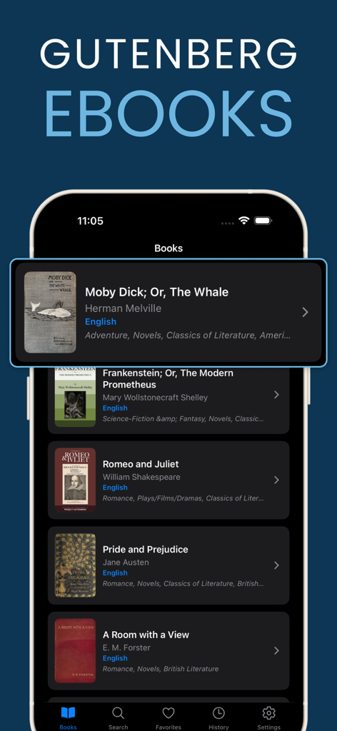 Schermata dell'app Progetto Gutenberg Ebooks che mostra libri classici come Moby Dick e Frankenstein