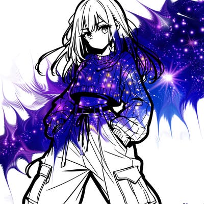 anime teen girl with baggy pants and crop top with sweater