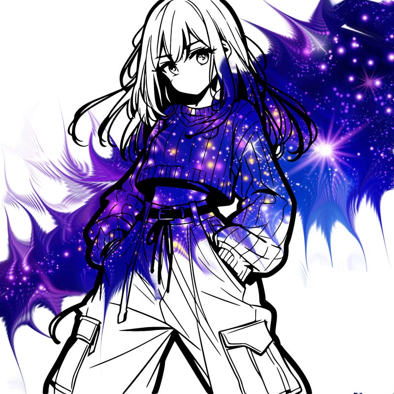 anime teen girl with baggy pants and crop top with sweater