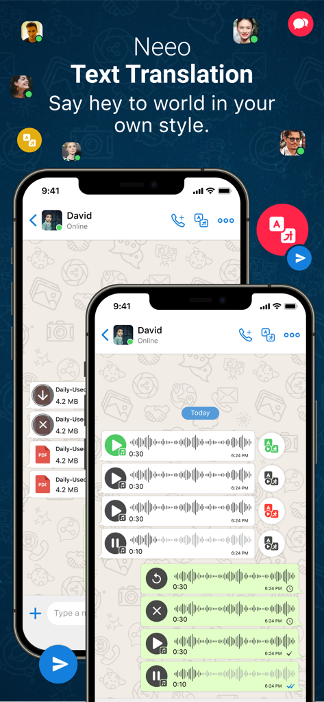 Neeo Messenger with Translator - Neeo Messenger app interface showcasing real-time text and voice message translation within a chat.