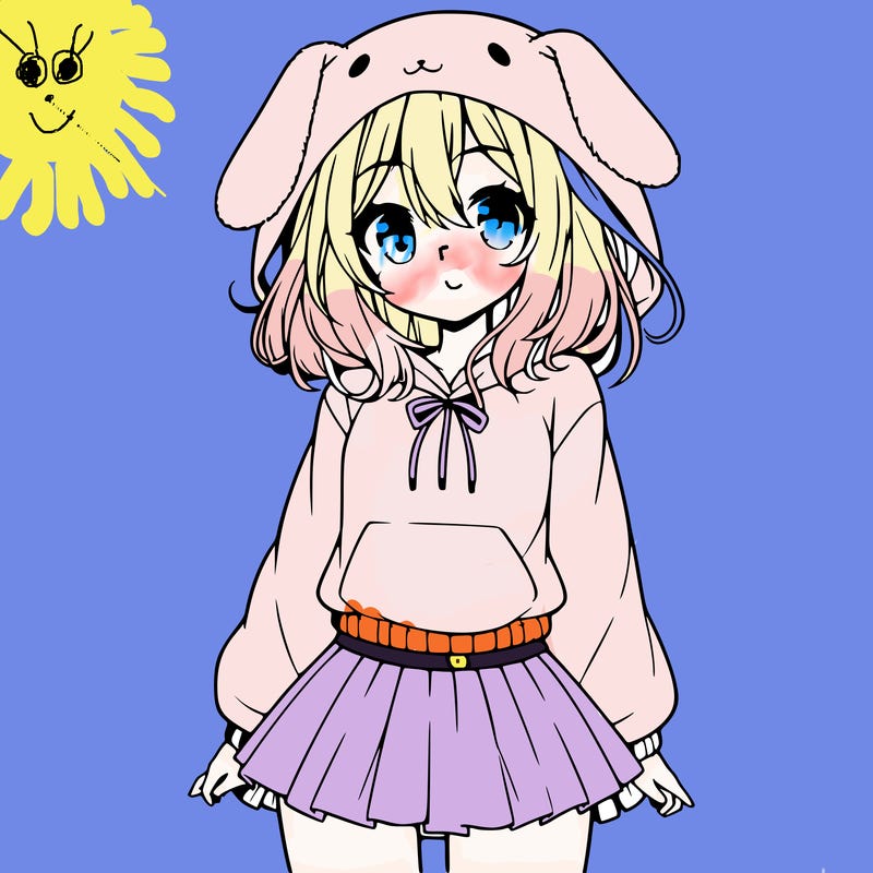 pretty anime girl wearing a fluffy hoodie with bunny ears on the hood and a skirt